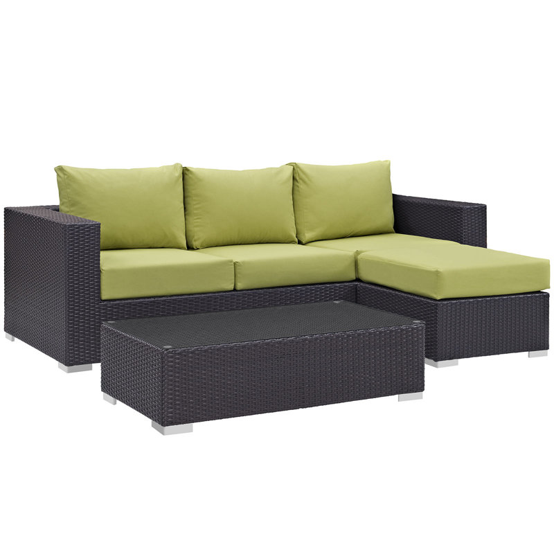 Ensemble de conversation modulaire en rotin de 3 pièces avec coussins Convene, Péridot