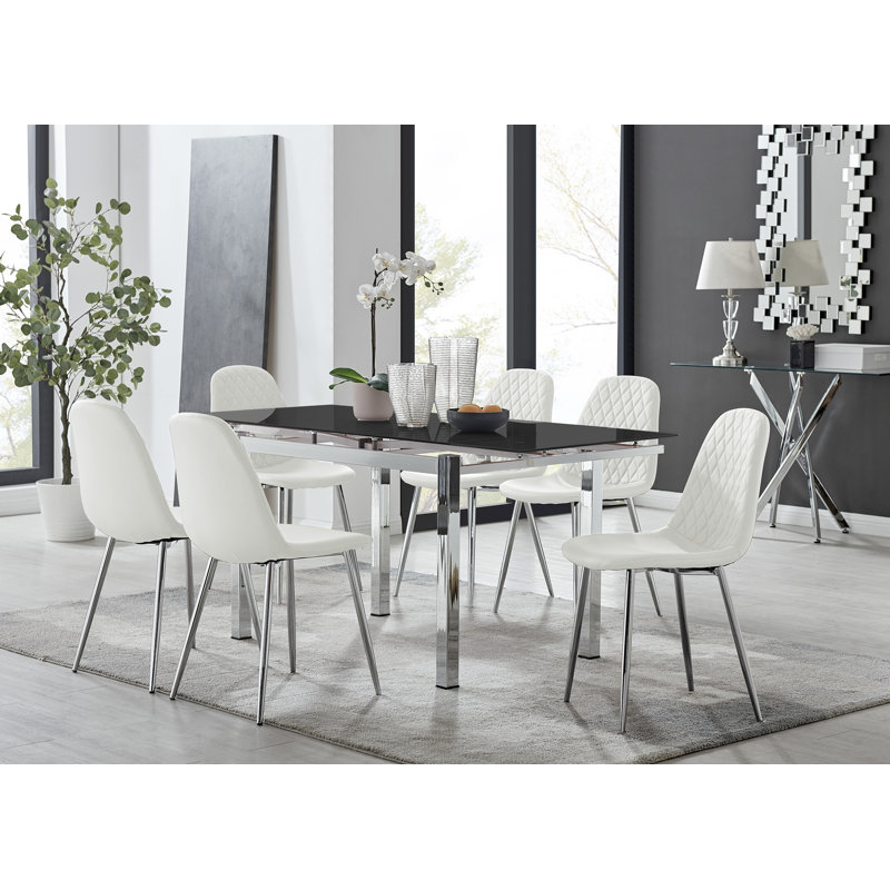Tierra Modern Glass & Metal Extendable Dining Table Set & 6 Luxury Dining Chairs, White/Silver, 7 Pieces: Table, 6 Chairs