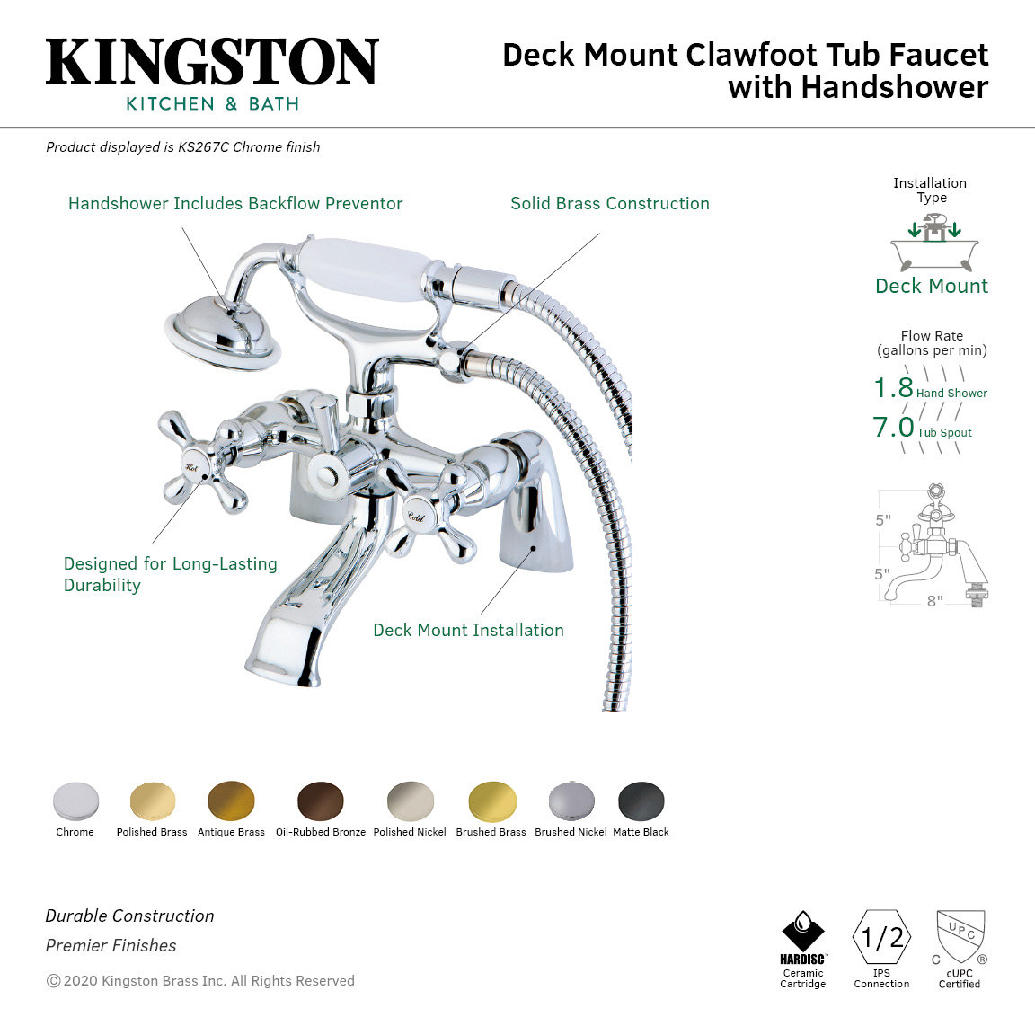 Kingston Brass Kingston Three-Handle 2-Hole Deck Mount Clawfoot Tub Faucet with Hand Shower, Oil Rubbed Bronze