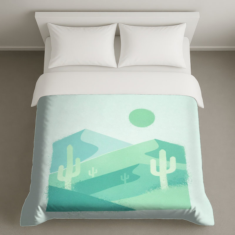 Housses de couette à motif paysage désertique et cactus, Lit simple, Menthe clair et vert écume de mer