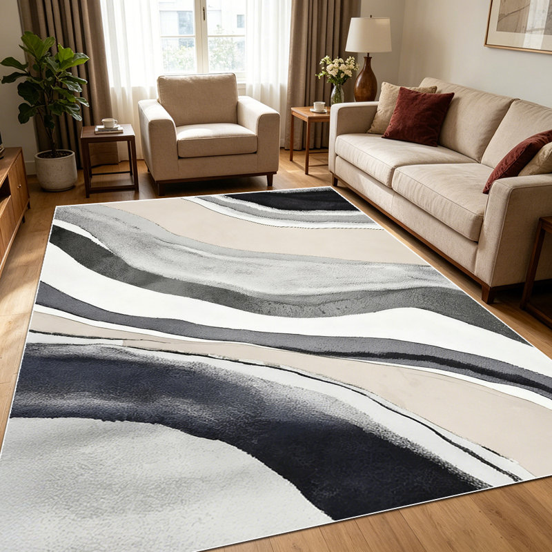 Tapis à motif aquarelle abstrait ondulé de ton neutre 1 pièce pour le salon, doux et confortable, adapté à toutes les saisons, facile à entretenir, lavable à la machine, tapis de ferme sous la table convenant à la salle à manger, la chambre à coucher, l'entrée, le bureau à domicile,