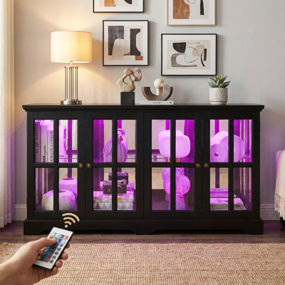 Buffet 59 po noir avec lumières DEL et rangement à 4 portes avec tablettes réglables pour le salon