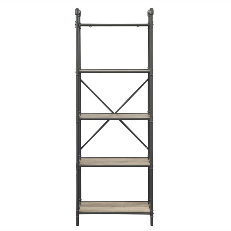 Bibliothèque à 5 niveaux en chêne antique et gris sable, (5 tablettes) H 63,5 po x l 26,5 po x P 14,5 po