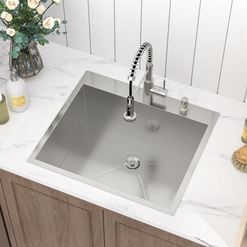 Évier utilitaire encastrable 25 po L 25 po x l 22 po avec distributeur de savon, Robinet à ressort