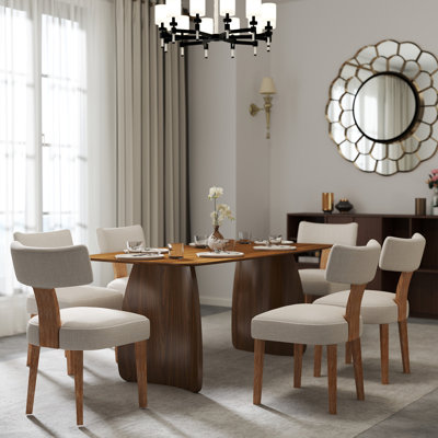 7-Piece Dining Set, Mid-Century Modern Wooden Table & Upholstered Chair Set For Home, Kitchen, Dining Room