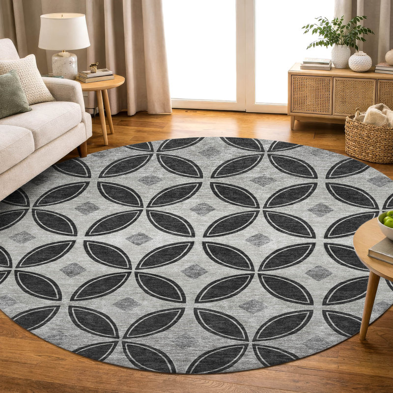 Premium Machine Washable Mayfield AMF2423 Geometric Rug, 8' Round, Black
