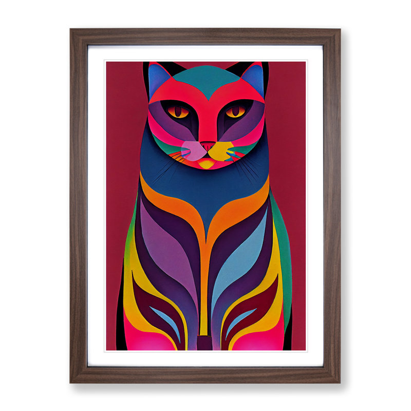 Vibrant Cat Abstract - Wall Art, Walnut Picture Frame, 66cm H x 48cm W, White