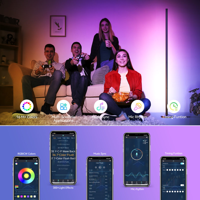 57" Corner Ambient Lighting Lamp With Music Sync & 16 Million Colors, Remote & App Control, Black