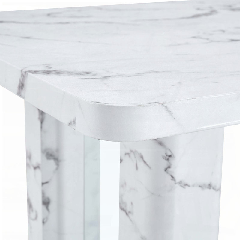 Marble-Patterned Glass Dining Table with Transparent Double-Pillar Support (64.5" x 35.4")