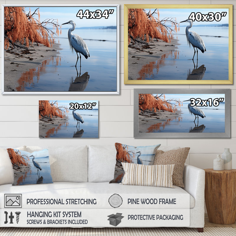 Heron Morning Stroll, reproduction d'art sur toile, H 16 po x l 32 po x P 1 po, Cadre photo noir