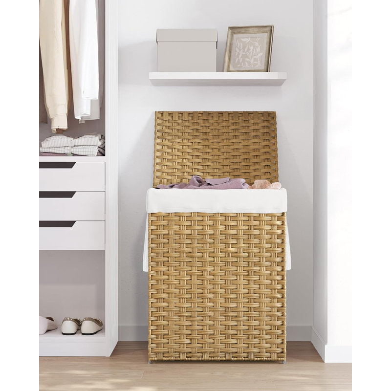 Panier à linge avec couvercle, panier en rotin synthétique de 23,8 gallons (90 litres), avec couvercle et poignée, doublure pliable et amovible