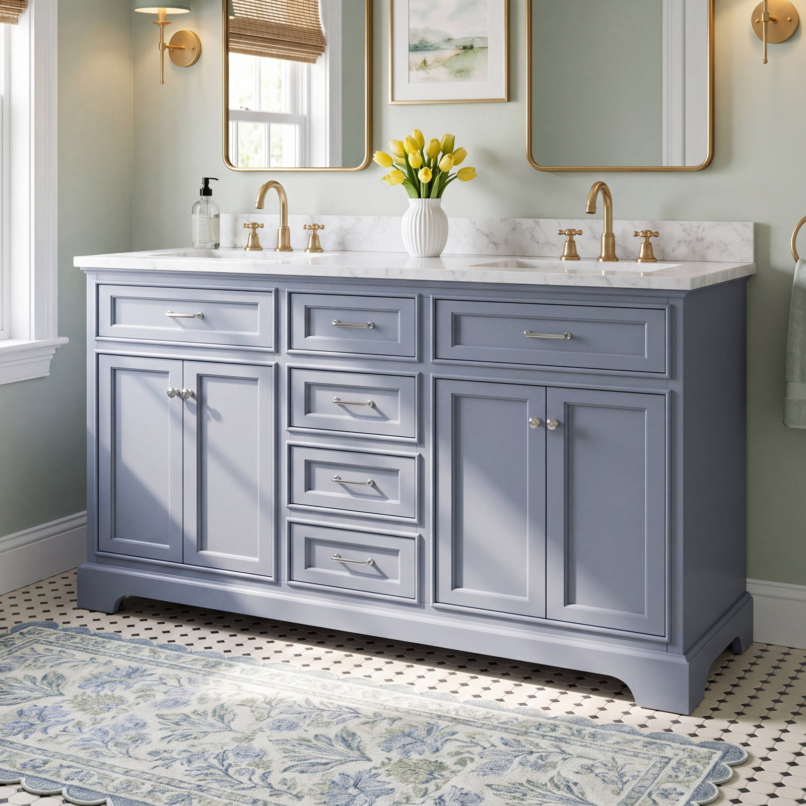 60 " Pine Double Bathroom Vanity, Powder Blue, Carrara Marble