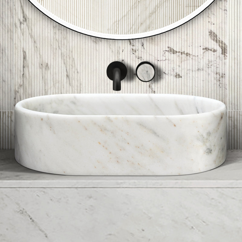 Lavabo vasque de salle de bain en marbre blanc avec motif naturel, fini à la main, trou pré-percé pour une installation rapide 600 x 400 x H 150 mm, apparence unique, utilisation durable