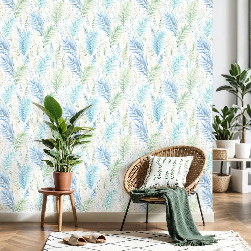 Papier peint adhésif autocollant à rayures verticales Palmier bleu à rayures verticales, adhésif mural amovible pour armoires de cuisine pour chambre 24 po x 118 po