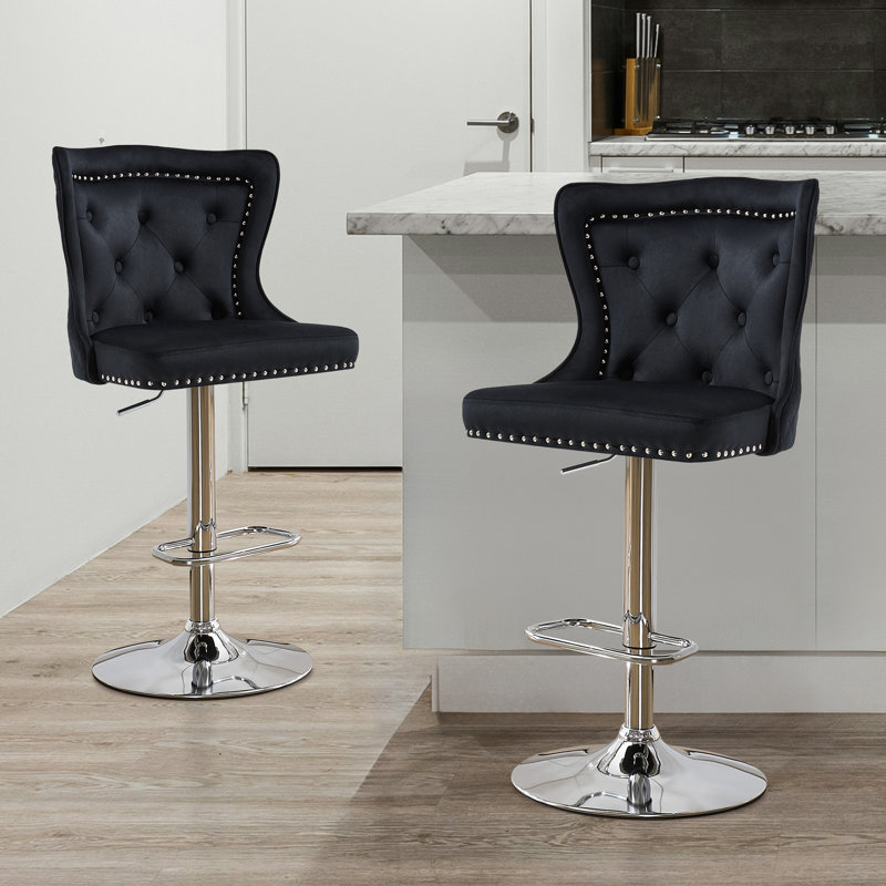 Swivel Velvet Counter Height Bar Stools With Lion Head Pull Ring For Kitchen Island, Black