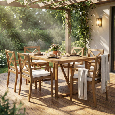 Ensemble de salle à manger d'extérieur en bois d'acacia 7 pièces avec coussins, 6 grandes chaises et 1 grande table, ensemble de mobilier de salle à manger pour la pelouse, la cour, la terrasse du jardin, le bord de la piscine, le teck