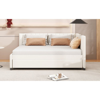 Size Upholstered Daybed With Trundle In Beige Linen, No Box Spring, And Relaxing Bed Structure Linen Fabric, Strong Stable Frame