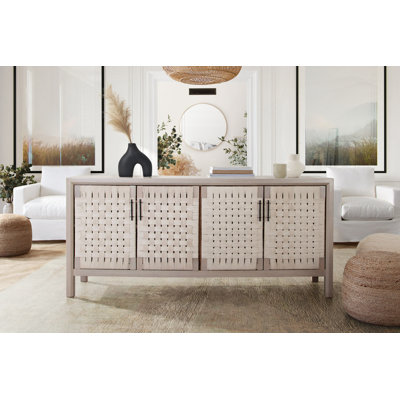 Palm Solid Mango Wood 4-Door Sideboard In Natural Finish W/ Woven Rope Door Fronts