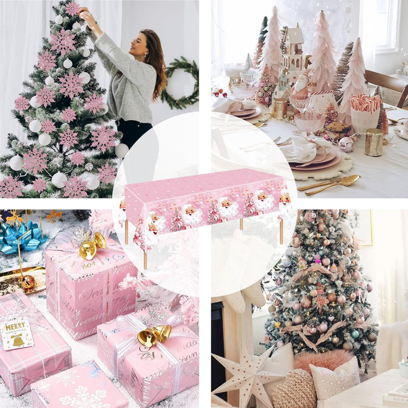2 Pack Plastic Tablecloths, 137*274cm Pink Santa Xmas Table Covers - Large Christmas Party Table Cloth for Winter Holiday, Pink Christmas Table Décor