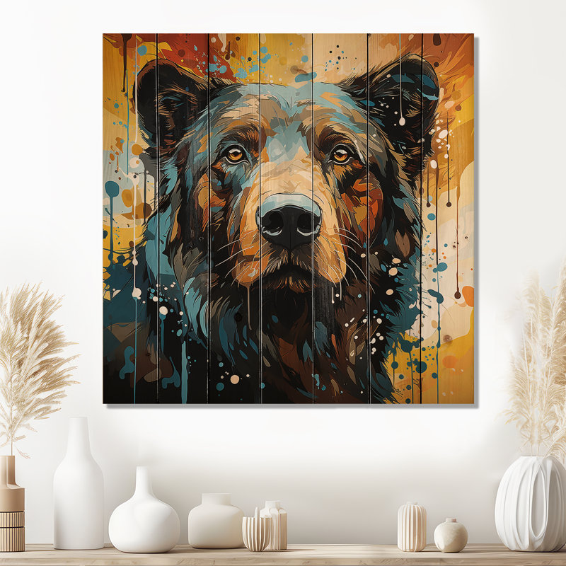 Portrait d'ours bleu et jaune - Ours sur bois, H 30 po x l 30 po