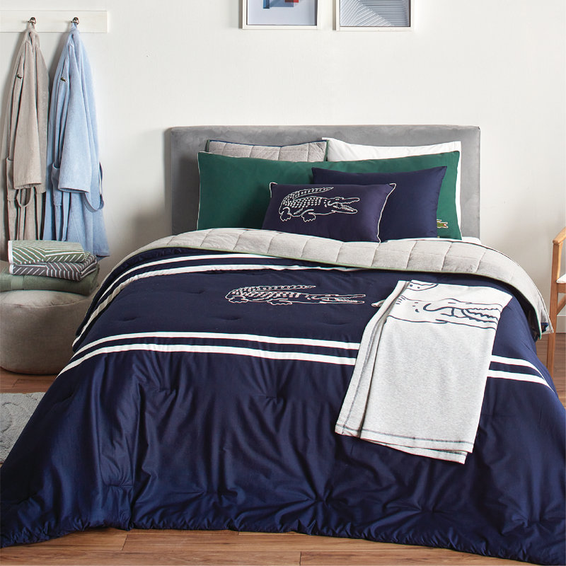 Ensemble d'édredon 3 pièces en coton Lacale Big Croc - rouge, 100% coton percale, ensemble de literie réversible avec taies décoratives en crocodile brodées, bleu marine, simple