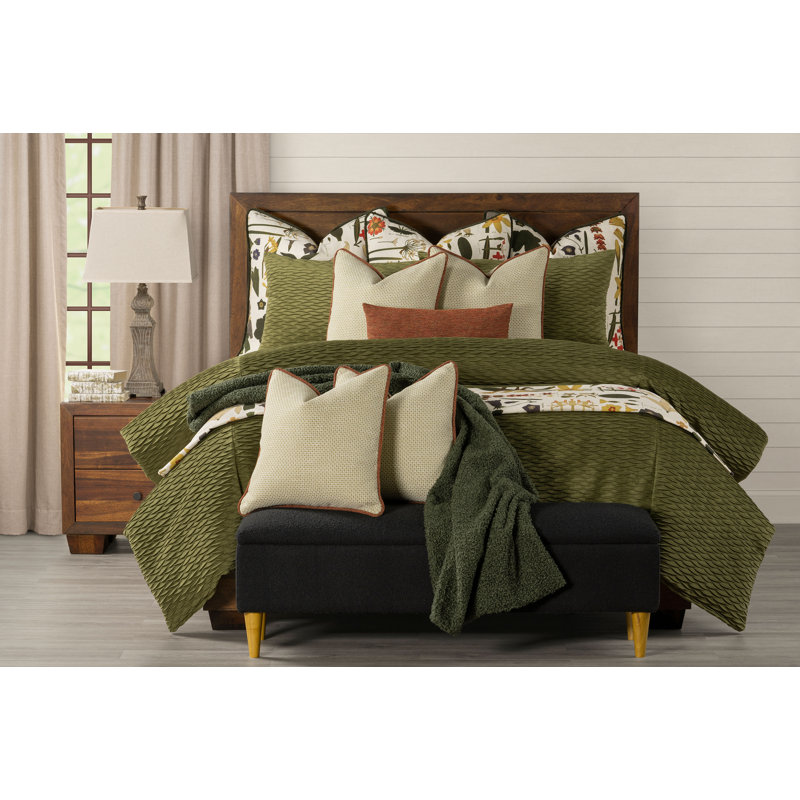 Pleated Velvet Olive Green Duvet Cover & Insert Set, King Duvet Cover + 2 Shams + 3 Pillows