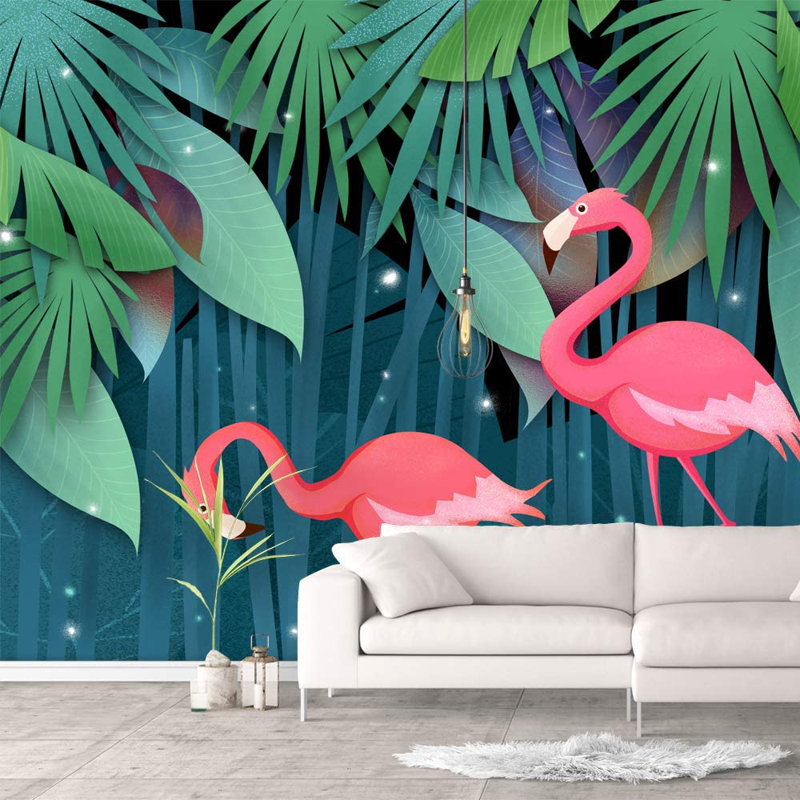 Murale Flamant entouré de feuilles, L 66 po x l 96 po