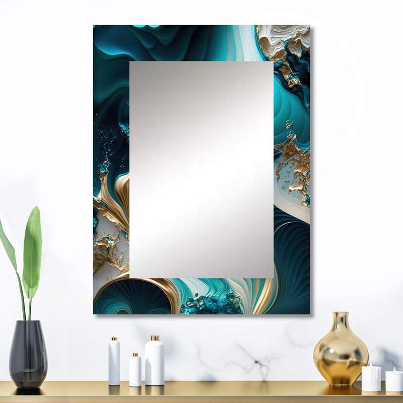 Abstrait géométrique turquoise II - miroir décoratif en marbre, miroir mural turquoise, impression sur métal, 32 po x 24 po