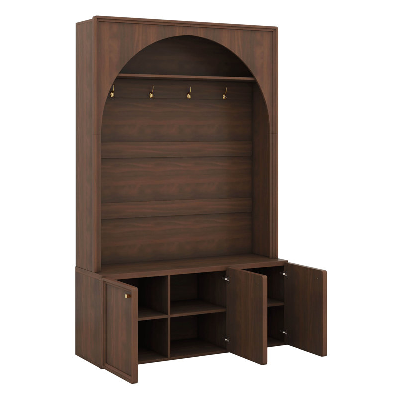 Hall Tree Entryway Organizer, Storage Bench With 3 Cabinets Adjustable Shelves, Retro Arched Coat Rack With 4 Golden Hooks