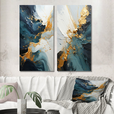 Or et vert abstrait marbré cascade IV - ensemble de 2 reproductions d'art sur toile