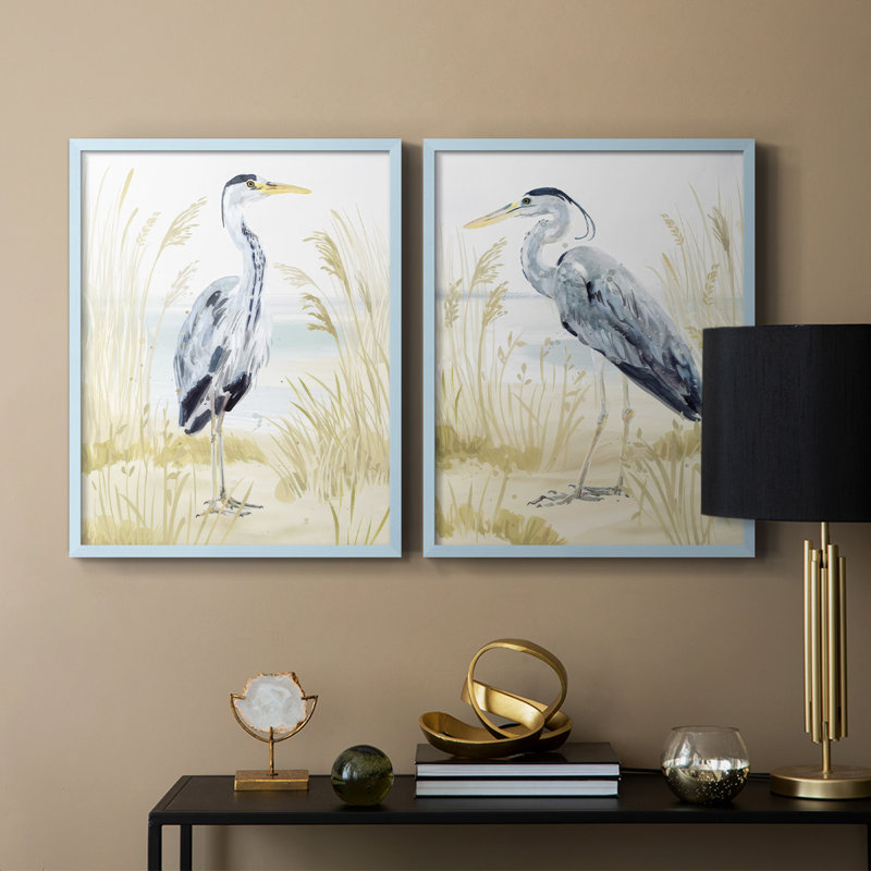 «Heron on the Coast I», reproduction encadrée de qualité supérieure - prête à être accrochée - aucun clou requis - aucun clou requis