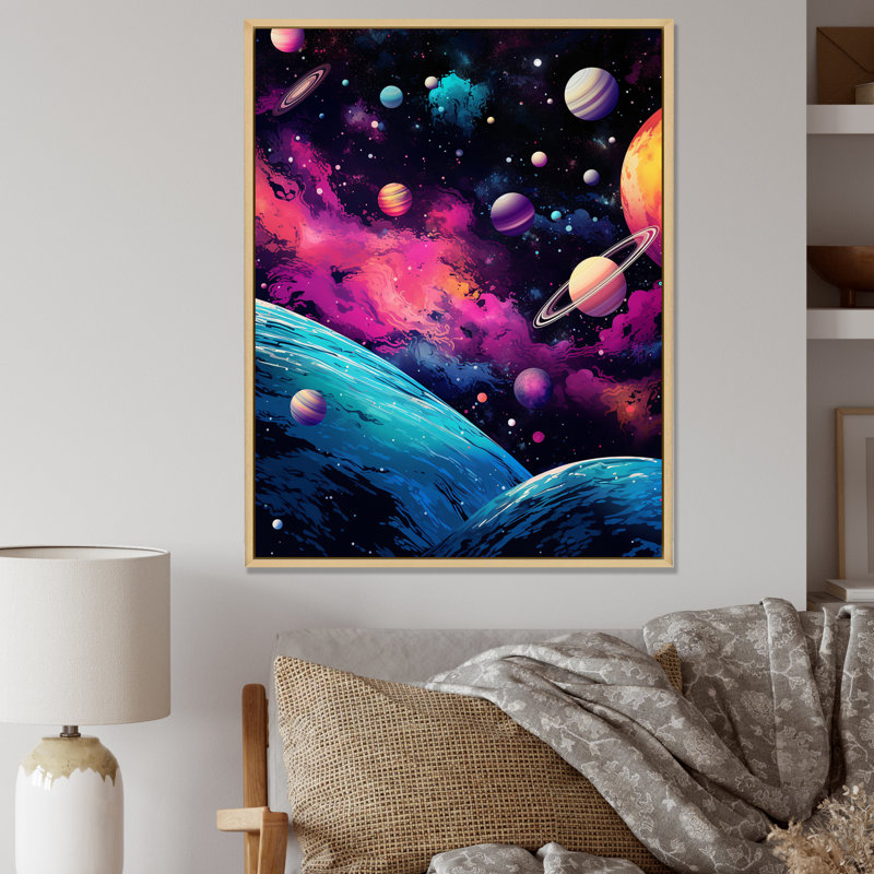 Galaxies de l'amour rose sur toile, Cadre flottant brun, H 32 po x l 16 po x P 1 po