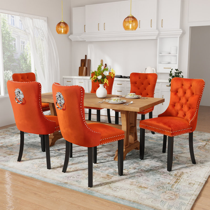 Luxury Velvet Nailhead Upholstered Dining Chairs(Set of 6), Orange, Black