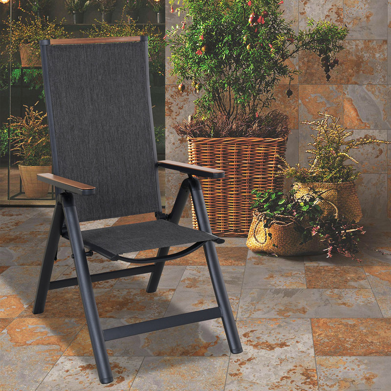 Set of 2 Folding Aluminium Garden Chairs with Armrests, 6-Position Adjustable High Back, Breathable Mesh Seat, Grey
