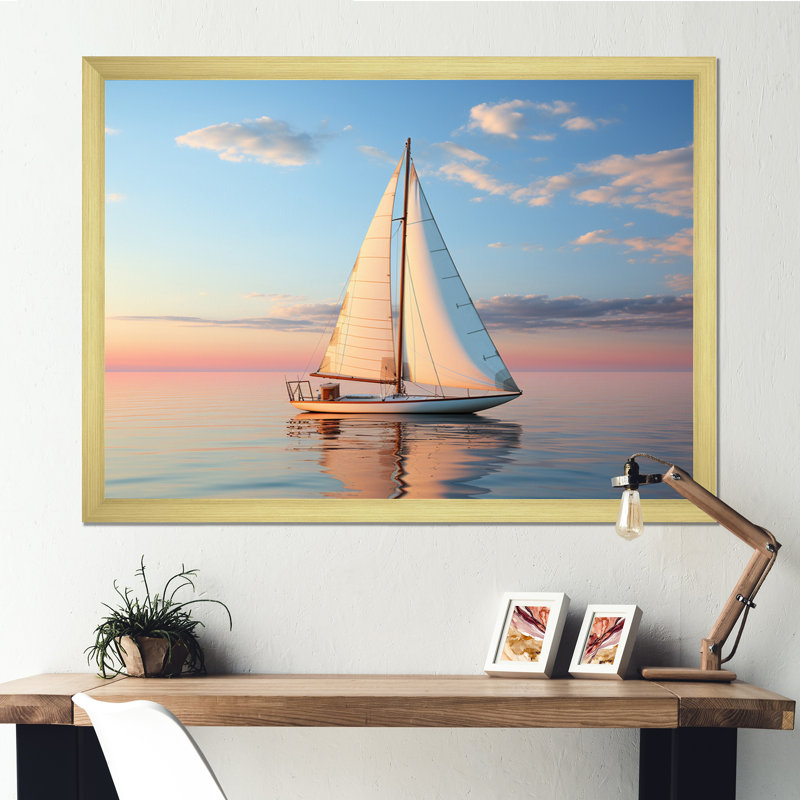 Voilier solitaire, impression d'art mural, Cadre doré simple, H 30 po x l 40 po x P 1,5 po