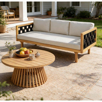 Ensemble de lit de jour d'extérieur en bois d'acacia de luxe - Lit de jour à trois places avec coussins gris clair et corde noire, finition teck, comprend une table d'appoint ronde en bois d'acacia, parfaite pour la terrasse, le balcon, le jardin