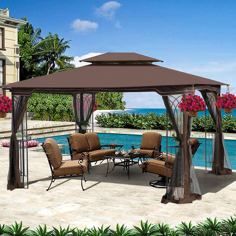 Tente de pavillon de jardin 13 po x 10 po avec tissu solaire et quatre mailles - tout écran brun