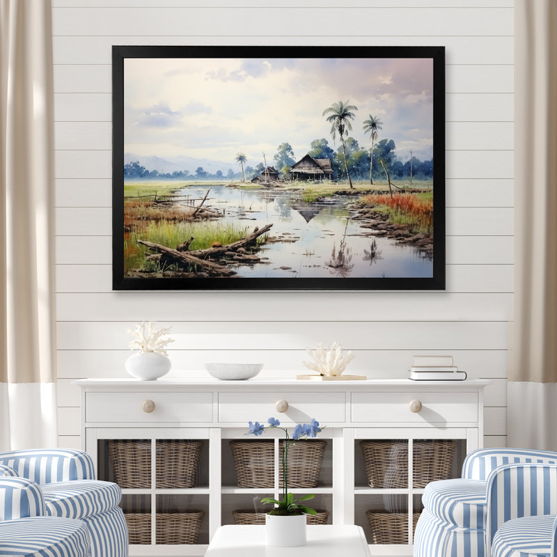 Indonésien sérénité, paysage tranquille - art mural Indonésie, Cadre d'angle fermé noir, H 12 po x l 20 po x P 1 po