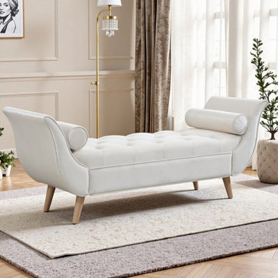 64.3-Inch Wide Velvet Upholstered Bench with 2 Pillows, Button Tufted Ottoman and Solid Oak Legs