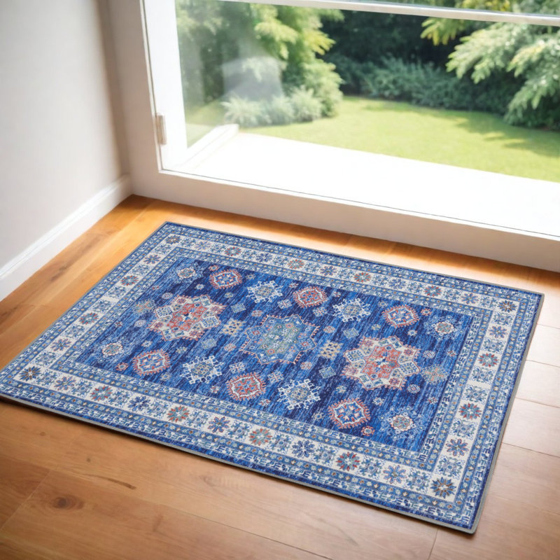 Tapis oriental délavé antidérapant 2 pi x 3 pi ivoire et bleu