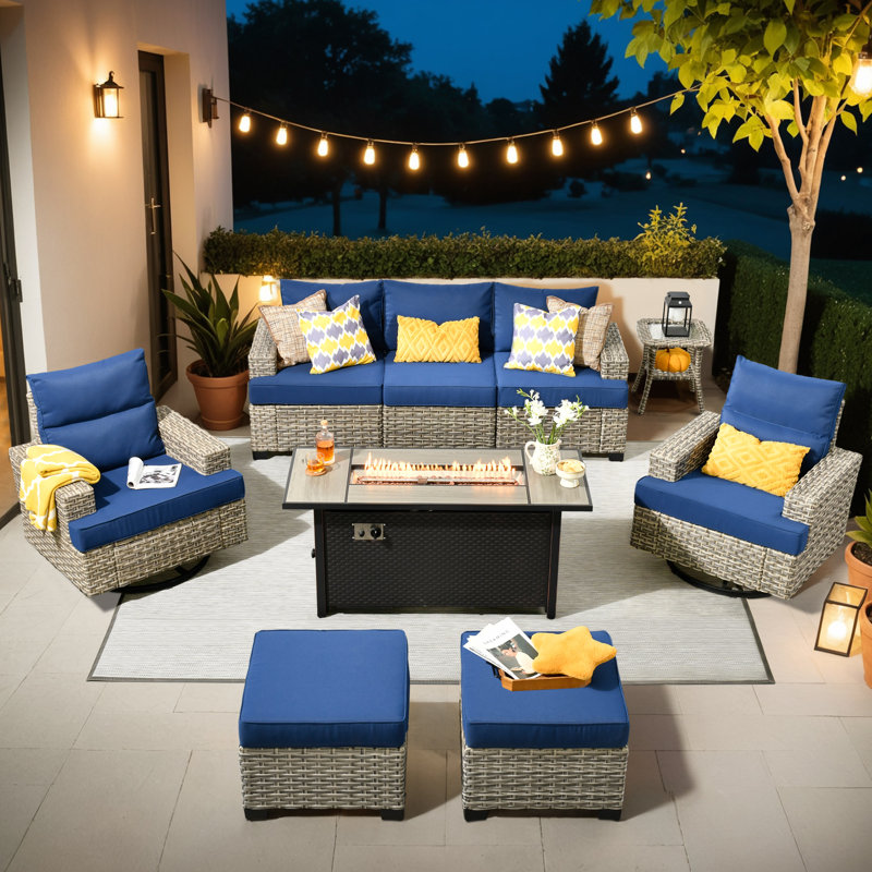 7- Person Rattan Outdoor Seating Group With Swivel Rockers and Fire Pit Table, Navy