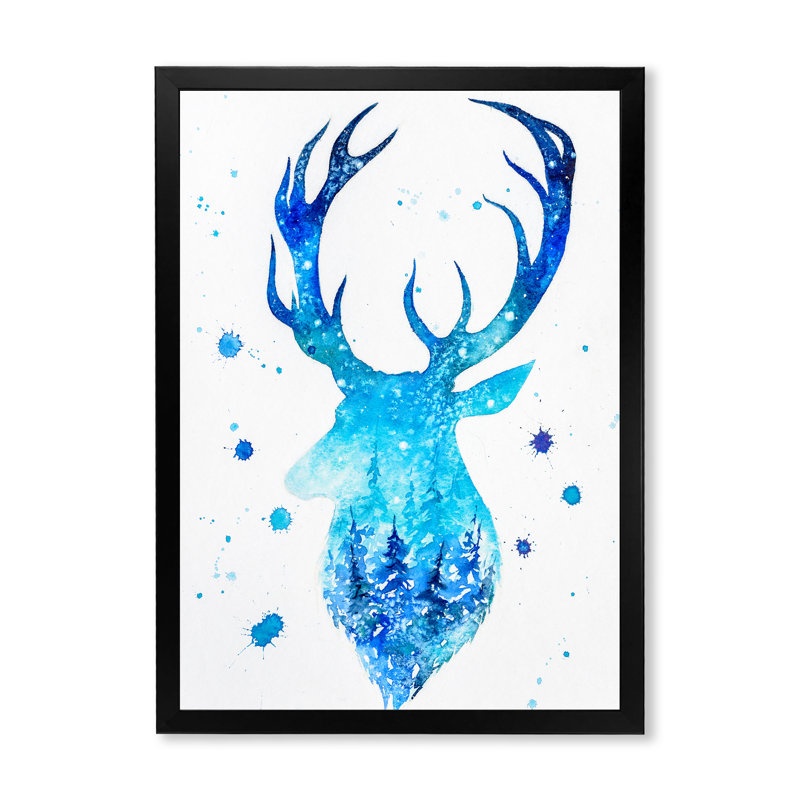Tête de cerf bleu abstrait - Impression sur toile, Cadre photo noir, H 20 po x l 12 po