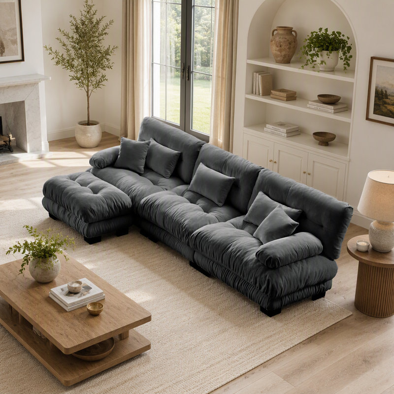 Canapé d'angle modulaire de luxe, canapé nuage surdimensionné en forme de L pour salon, assise profonde avec pouf convertible, gris chenille