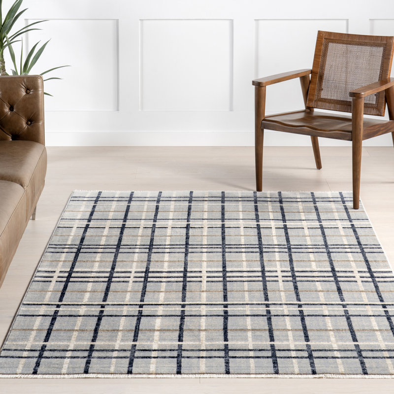 Tapis à carreaux pour le salon, la salle à manger, le bleu / crème, Rectangle 5 pi x 7 pi 8 po