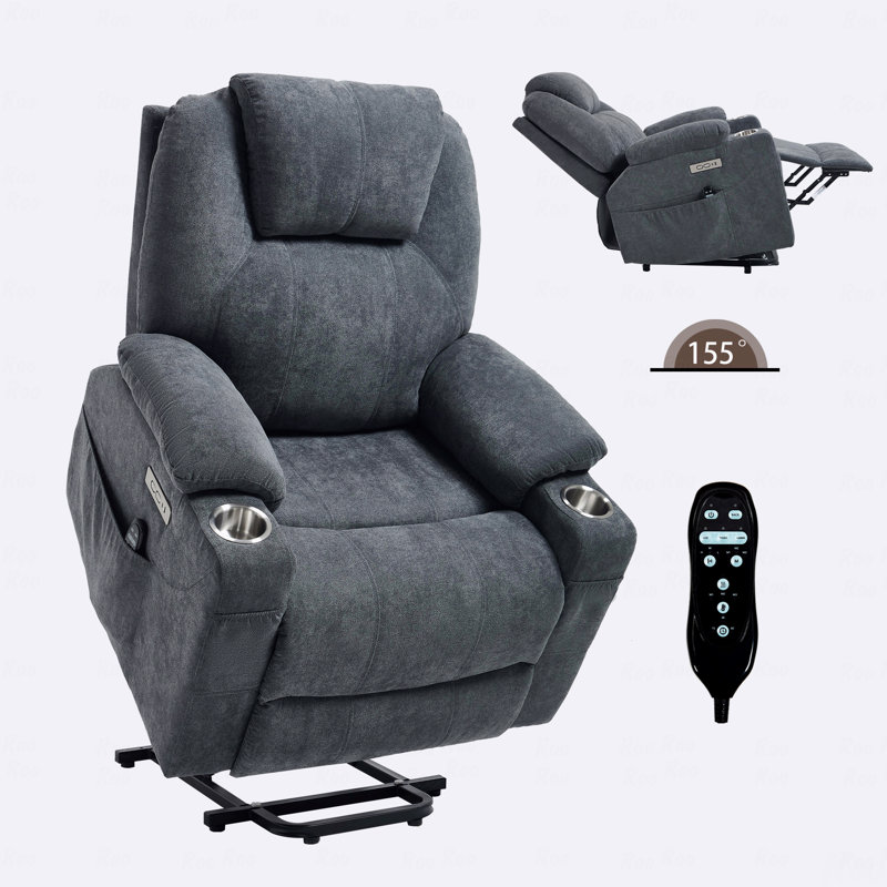 Fauteuil inclinable en polyester avec fonction Power Lift, mécanisme de mouvement robuste avec vibration à 8 points avec fonction de massage et soutien lombaire avec fonction de chauffage, avec port USB et ports de type C, acier inoxydable avec porte-gobelets
