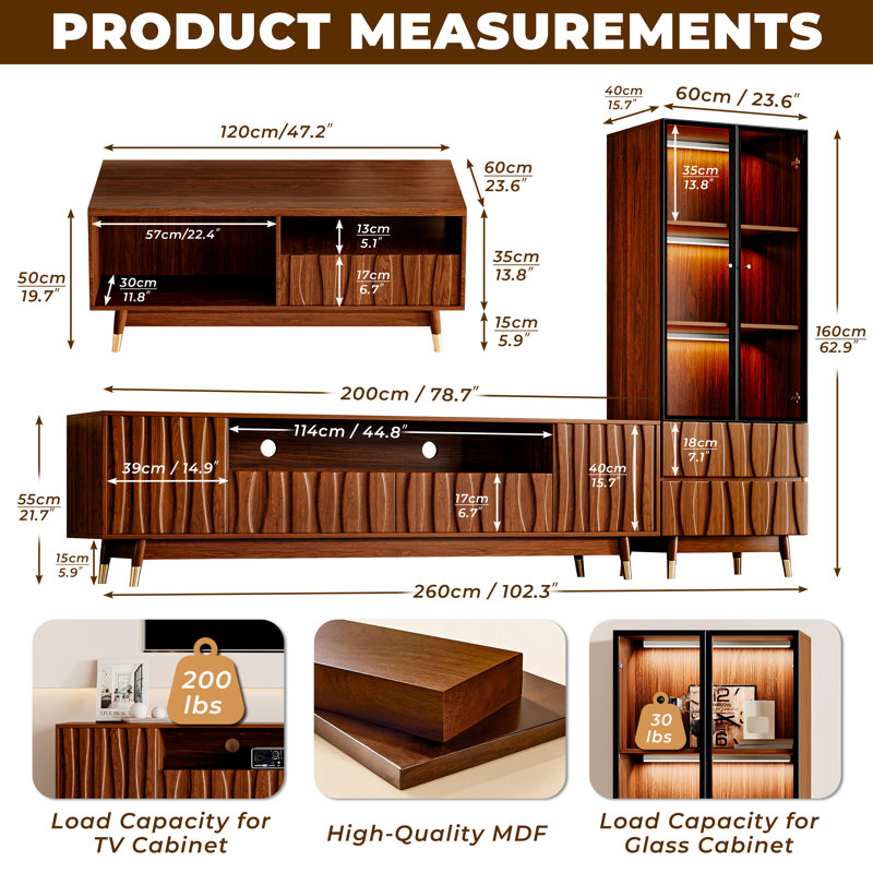 102.3" Brown Fluted Entertainment Center With Bookshelves Living Room Three-piece Set With Relief Panel And Solid Wood Feet For 55/65/70/75 Inch TV, Mid-Century Modern Wood TV Console and Glass Display Bookcase Coffee Table Set with Drawers and Storages