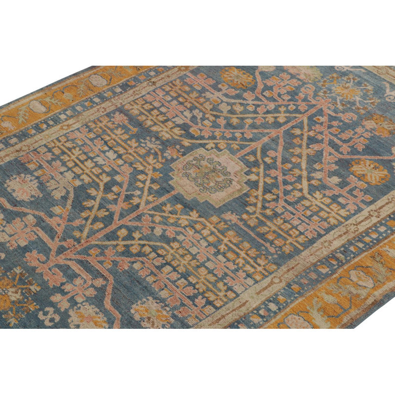 Rug & Kilim’S Khotan Rug In Blue, Gold And Pink Geometric-Floral Patterns, Runner 3' x 14'