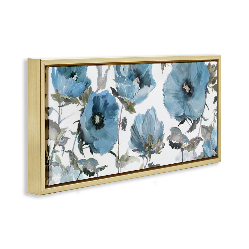 Coquelicots bleus, H 14 po x l 31 po, Cadre flottant métallique doré