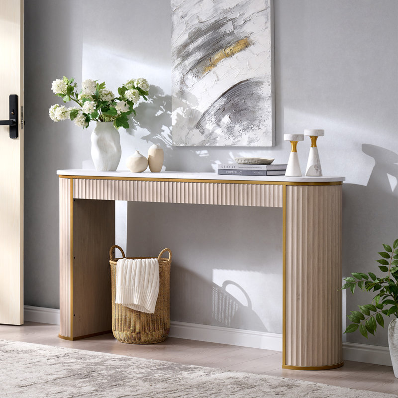 63" Modern Fluted Console Table, Narrow Entryway & Sofa Table With Marble-Pattern Top For Living Room Hallway Foyer