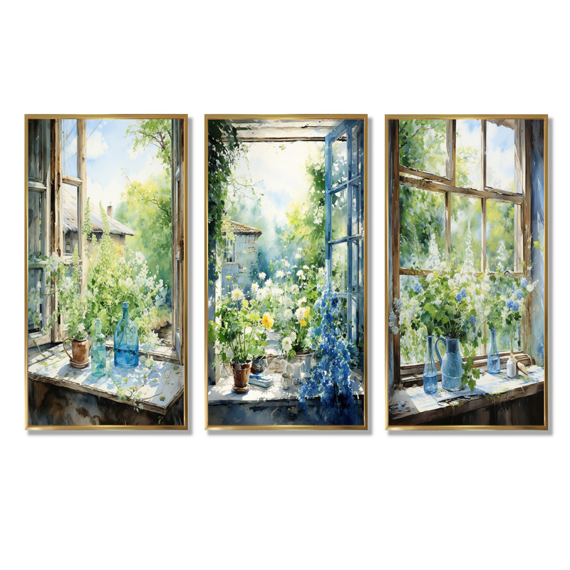 Ensemble de 3 fenêtres vertes et bleues, Cadre flottant doré, H 40 po x l 60 po